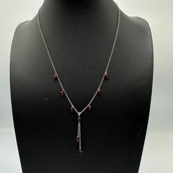 Sterling Silver Y Necklace Garnet Beads Dangle Drop Chain Delicate Jewelry - Picture 4 of 10